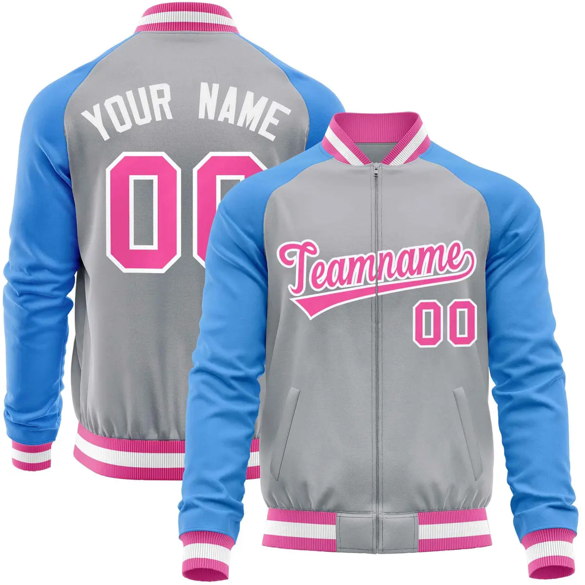 Gray Powder Blue Varsity Full-Zip Raglan Letterman Baseball Jacket