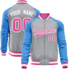Gray Powder Blue Varsity Full-Zip Raglan Letterman Baseball Jacket 1