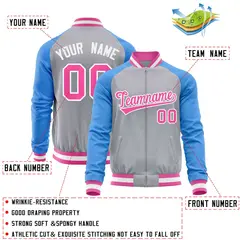 Gray Powder Blue Varsity Full-Zip Raglan Letterman Baseball Jacket 4