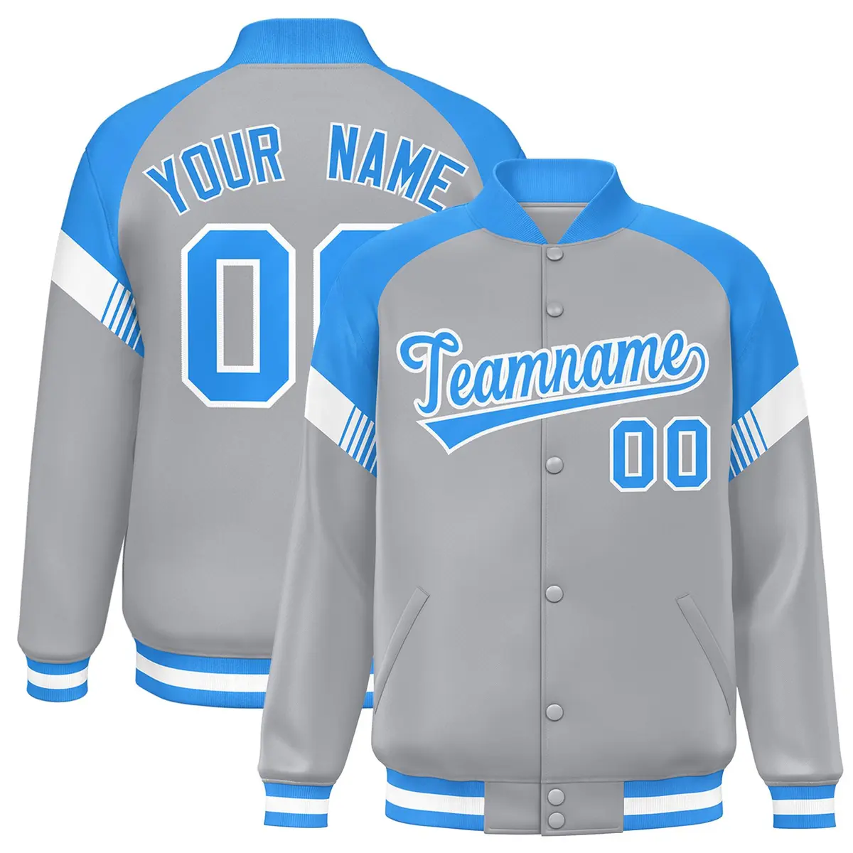 Gray Powder Blue-White Color Block Varsity Letterman Jacket
