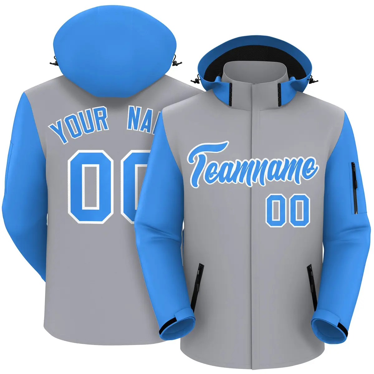 Gray Powder Blue-White Raglan Sleeves Waterproof Jacket