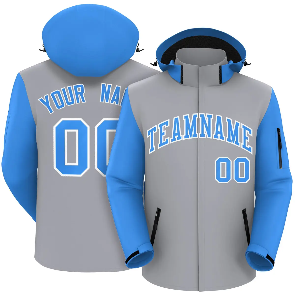 Gray Powder Blue-White Raglan Sleeves Waterproof Jacket