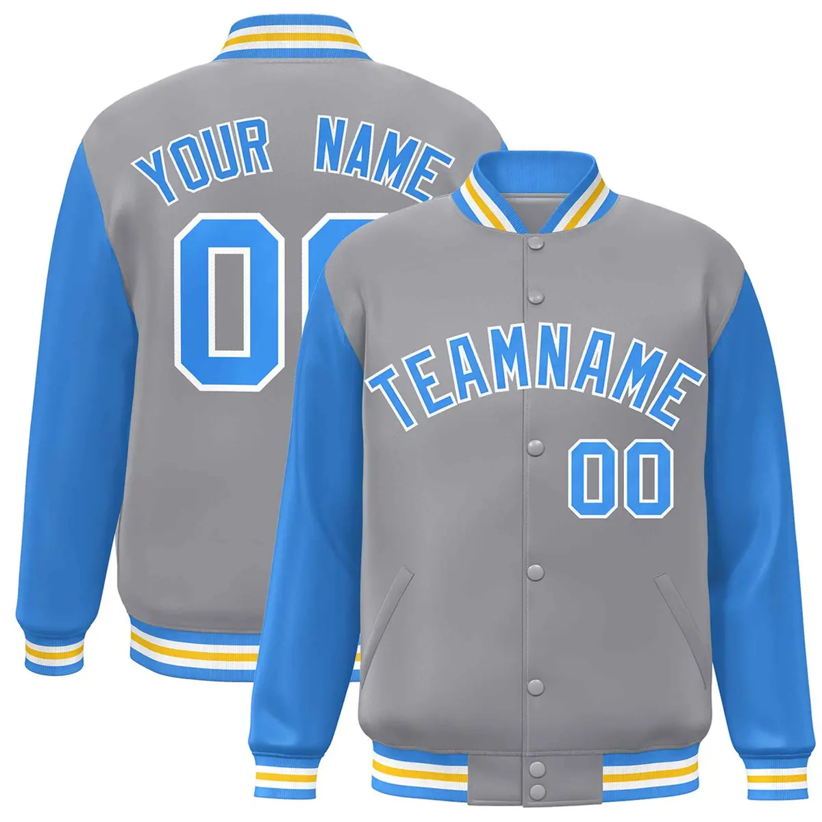 Gray Powder Blue-White Raglan Varsity Full-Snap Letterman Jacket