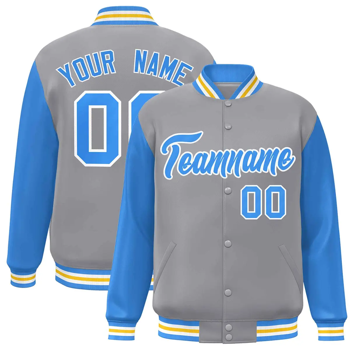 Gray Powder Blue-White Raglan Varsity Full-Snap Letterman Jacket
