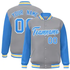 Gray Powder Blue-White Raglan Varsity Full-Snap Letterman Jacket 1