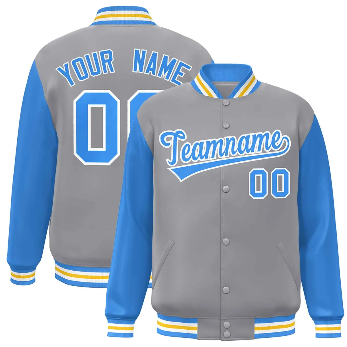 Gray Powder Blue-White Raglan Varsity Full-Snap Letterman Jacket