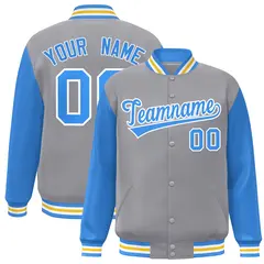 Gray Powder Blue-White Raglan Varsity Full-Snap Letterman Jacket 1