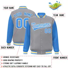 Gray Powder Blue-White Raglan Varsity Full-Snap Letterman Jacket 2