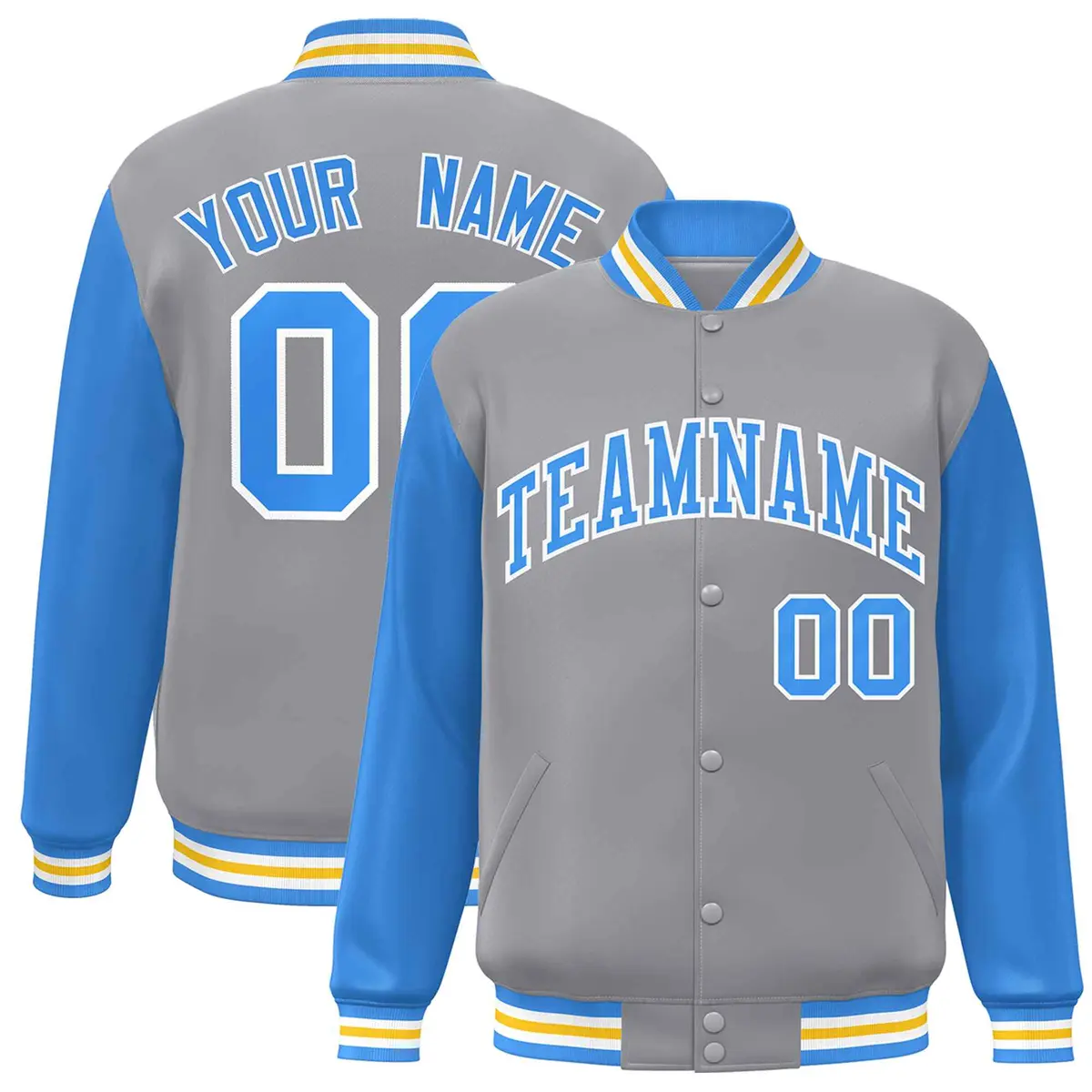 Gray Powder Blue-White Raglan Varsity Full-Snap Letterman Jacket