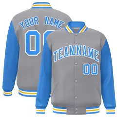 Gray Powder Blue-White Raglan Varsity Full-Snap Letterman Jacket 1