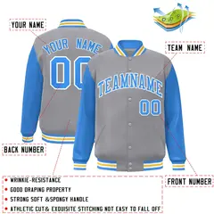 Gray Powder Blue-White Raglan Varsity Full-Snap Letterman Jacket 2