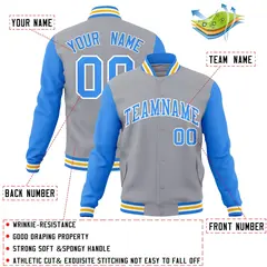 Gray Powder Blue-White Raglan Varsity Full-Snap Letterman Jacket 4