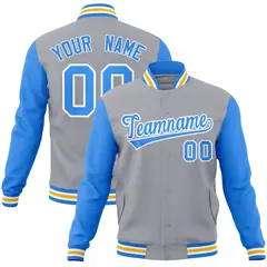 Gray Powder Blue-White Raglan Varsity Full-Snap Letterman Jacket 1