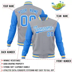 Gray Powder Blue-White Raglan Varsity Full-Snap Letterman Jacket 4