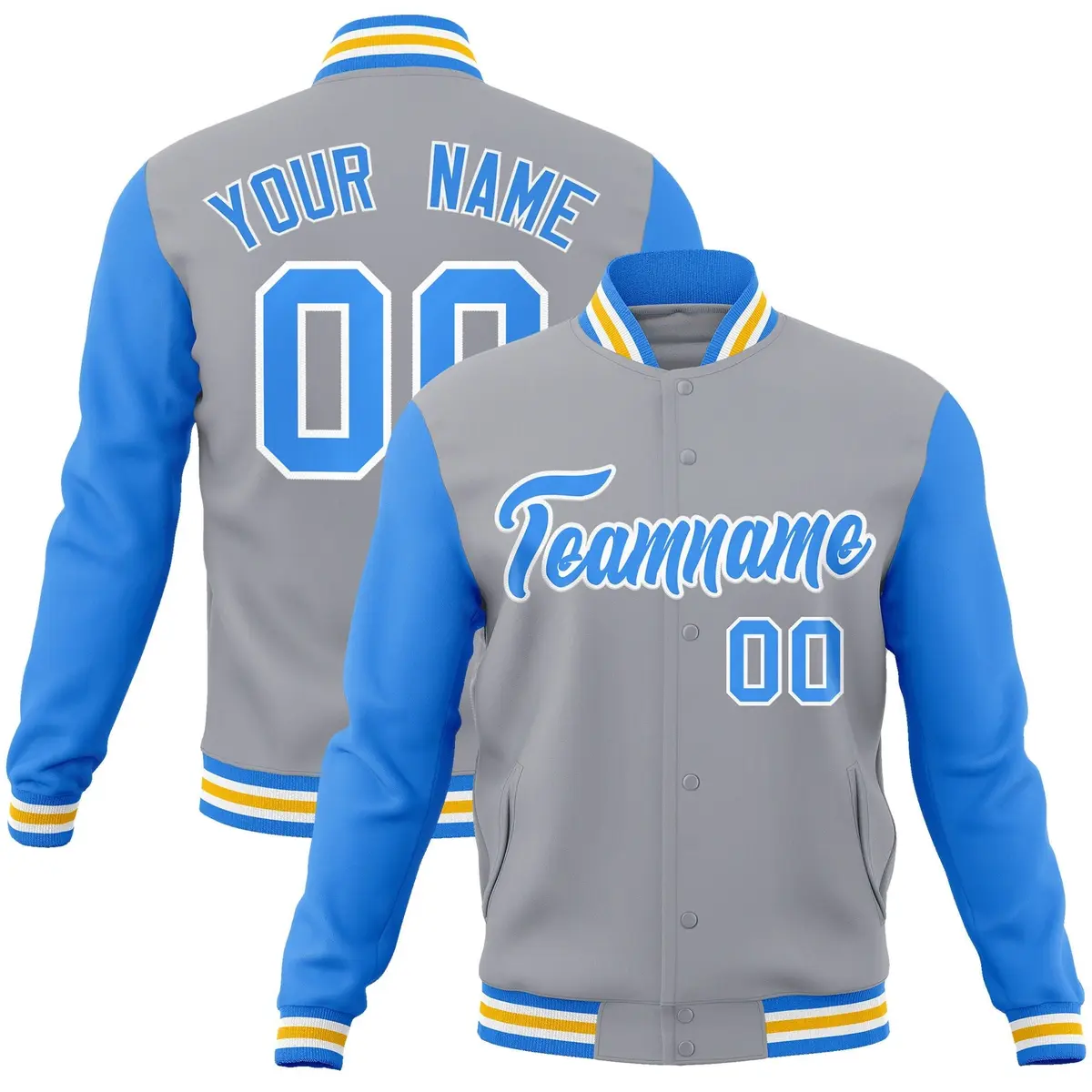 Gray Powder Blue-White Raglan Varsity Full-Snap Letterman Jacket