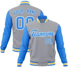 Gray Powder Blue-White Raglan Varsity Full-Snap Letterman Jacket 1