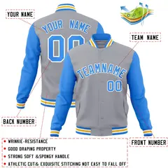 Gray Powder Blue-White Raglan Varsity Full-Snap Letterman Jacket 4