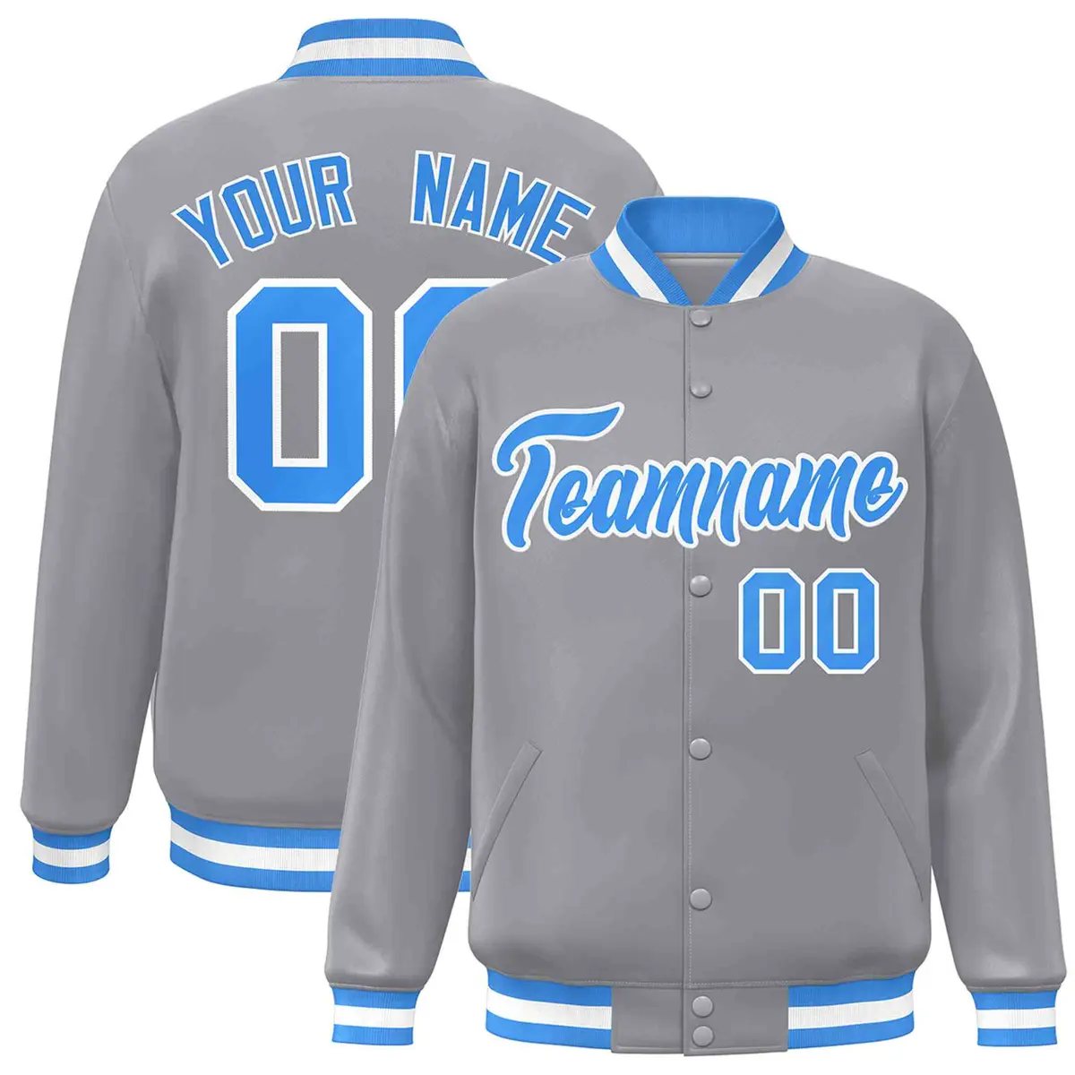 Gray Powder Blue-White Varsity Full-Snap Letterman Jacket