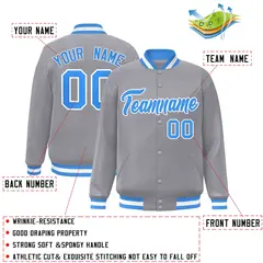 Gray Powder Blue-White Varsity Full-Snap Letterman Jacket 2