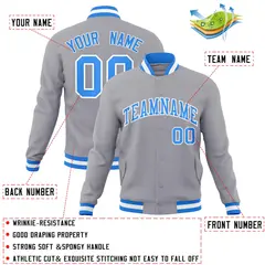 Gray Powder Blue-White Varsity Full-Snap Letterman Jacket 4
