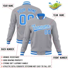 Gray Powder Blue-White Varsity Full-Snap Letterman Jacket 4