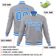 Gray Powder Blue-White Varsity Full-Snap Letterman Jacket 4