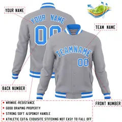 Gray Powder Blue-White Varsity Full-Snap Letterman Jacket 4
