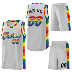 Gray Pride Month LGBT Rainbow Basketball Jersey 6