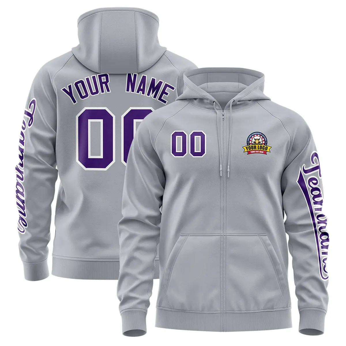 Gray Purple Classic Varsity Full-Zip Letterman Jacket Hoodie