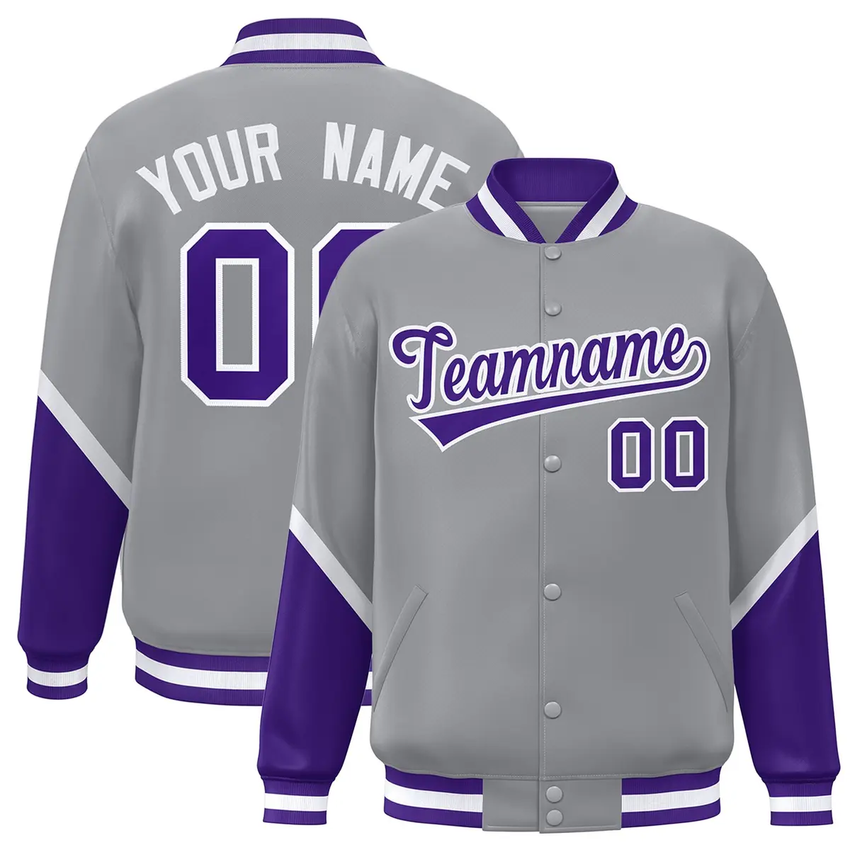 Gray Purple Color Block Full-Snap Varsity Letterman Baseball Jacket