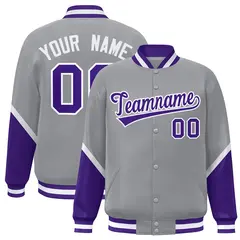 Gray Purple Color Block Full-Snap Varsity Letterman Baseball Jacket 1