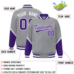 Gray Purple Color Block Full-Snap Varsity Letterman Baseball Jacket 2