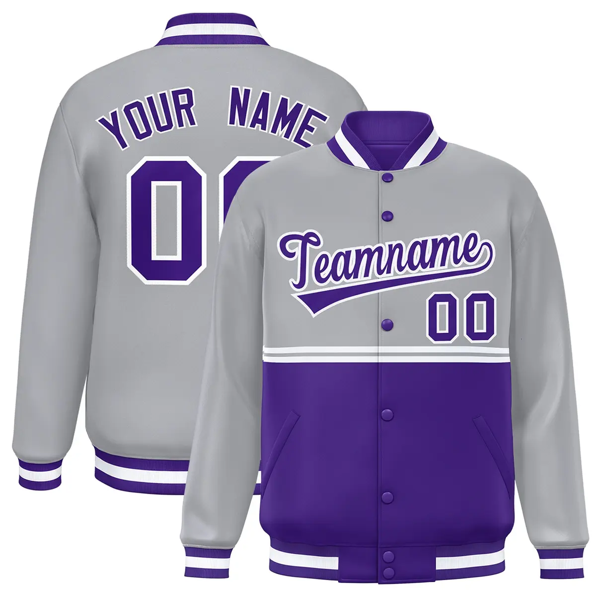 Gray Purple Color Block Varsity Full-Snap Letterman Jacket