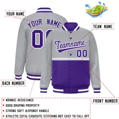Gray Purple Color Block Varsity Full-Snap Letterman Jacket 2