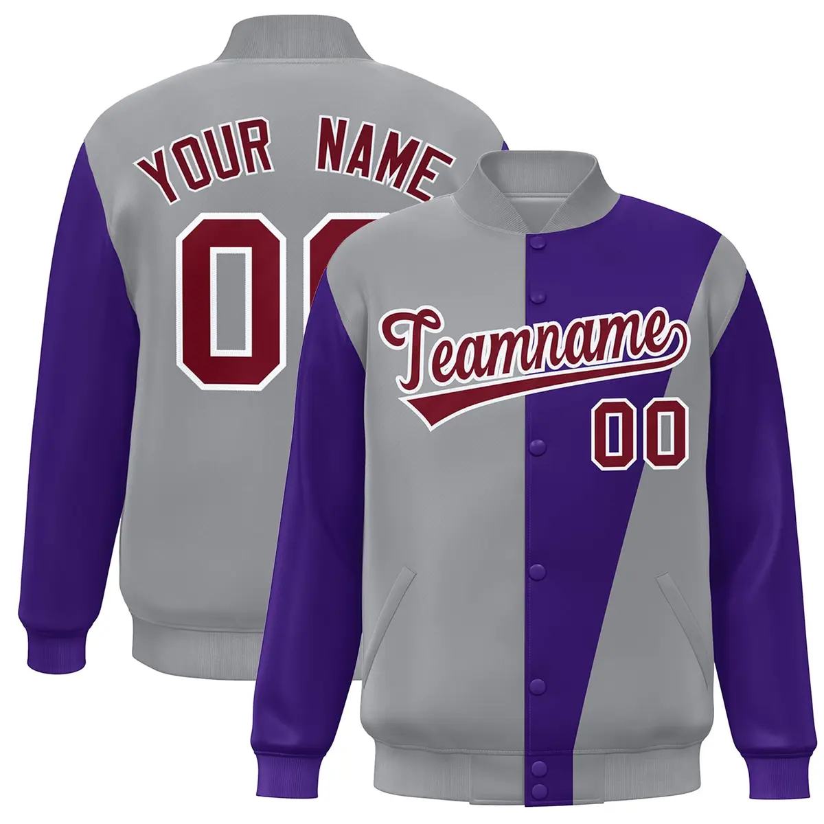 Gray Purple-Crimson Color Block Varsity Full-Snap Bomber Jacket