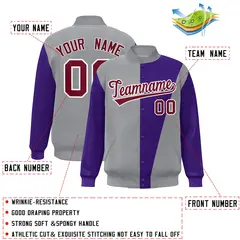 Gray Purple-Crimson Color Block Varsity Full-Snap Bomber Jacket 2