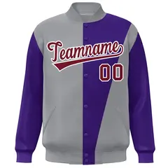 Gray Purple-Crimson Color Block Varsity Full-Snap Bomber Jacket 3