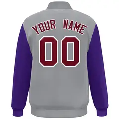 Gray Purple-Crimson Color Block Varsity Full-Snap Bomber Jacket 4