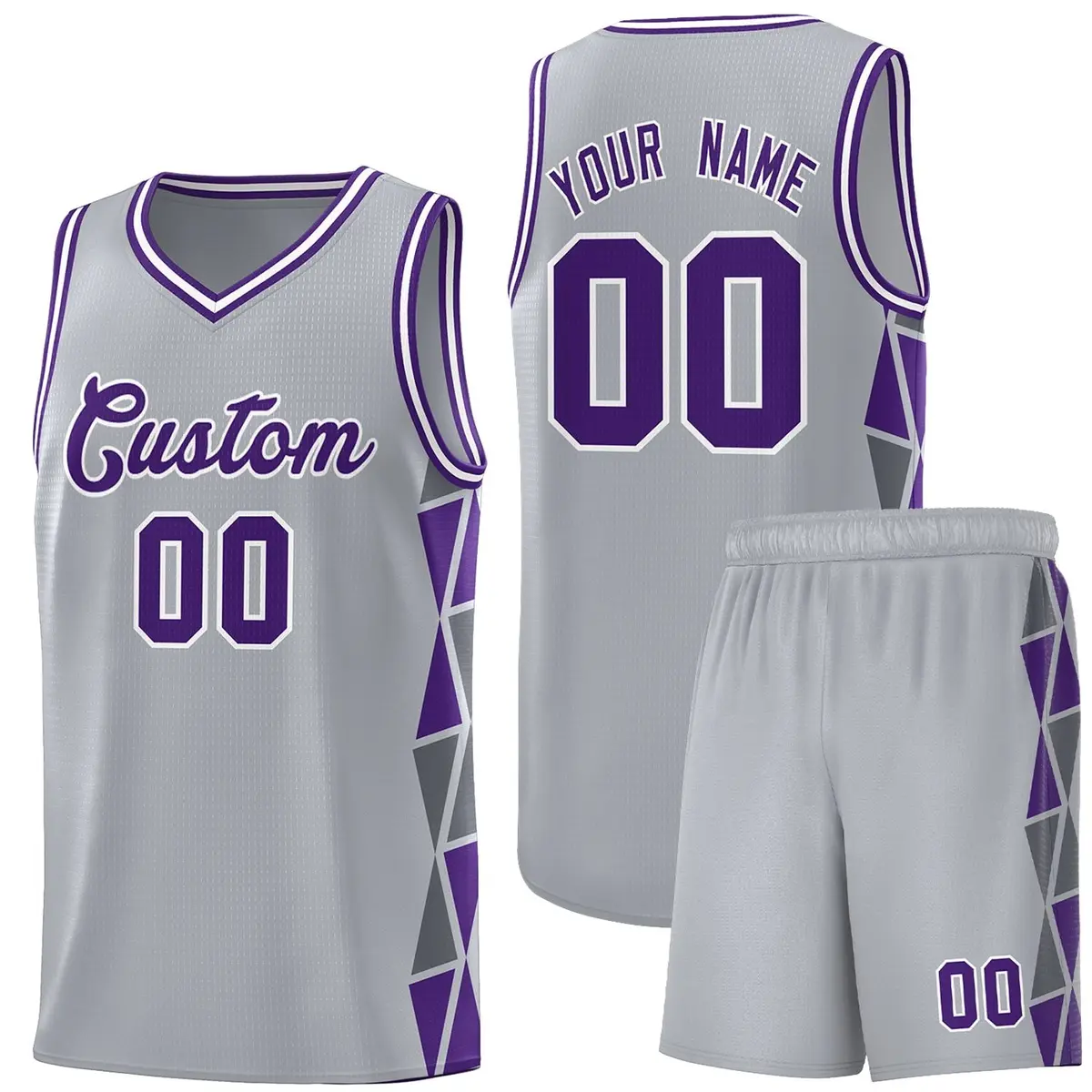 Gray Purple-Dark Gray Side Triangle Splicing Basketball Jersey