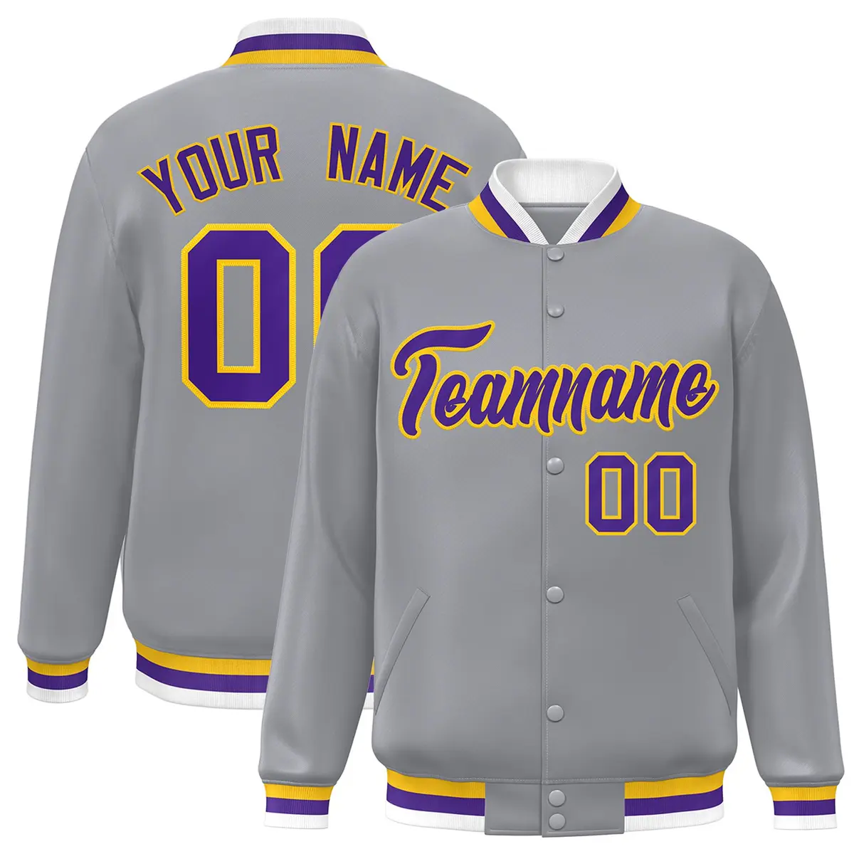 Gray Purple-Gold Classic Varsity Full-Snap Letterman Jacket
