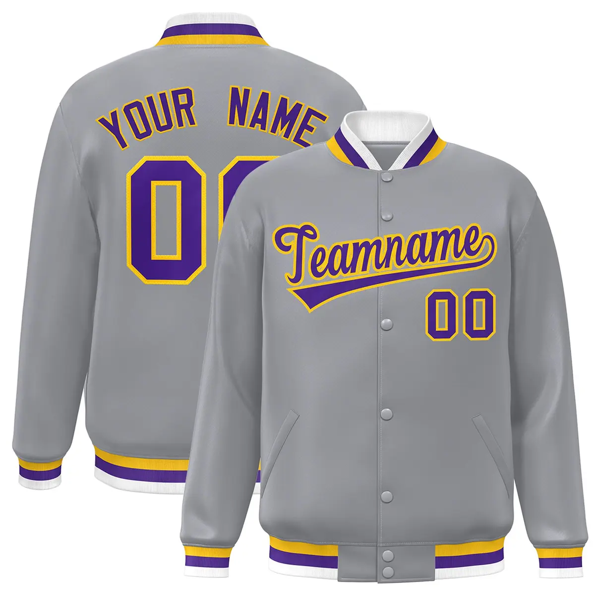 Gray Purple-Gold Classic Varsity Full-Snap Letterman Jacket