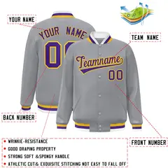 Gray Purple-Gold Classic Varsity Full-Snap Letterman Jacket 2
