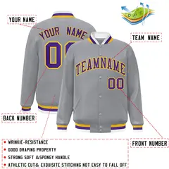 Gray Purple-Gold Classic Varsity Full-Snap Letterman Jacket 2