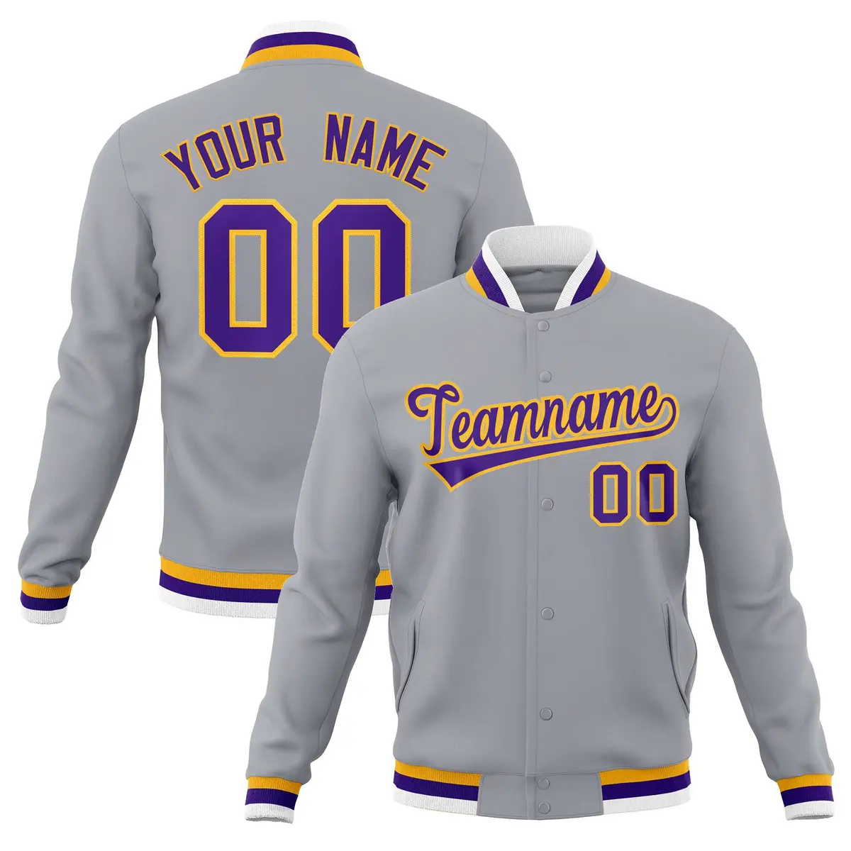 Gray Purple-Gold Classic Varsity Full-Snap Letterman Jacket
