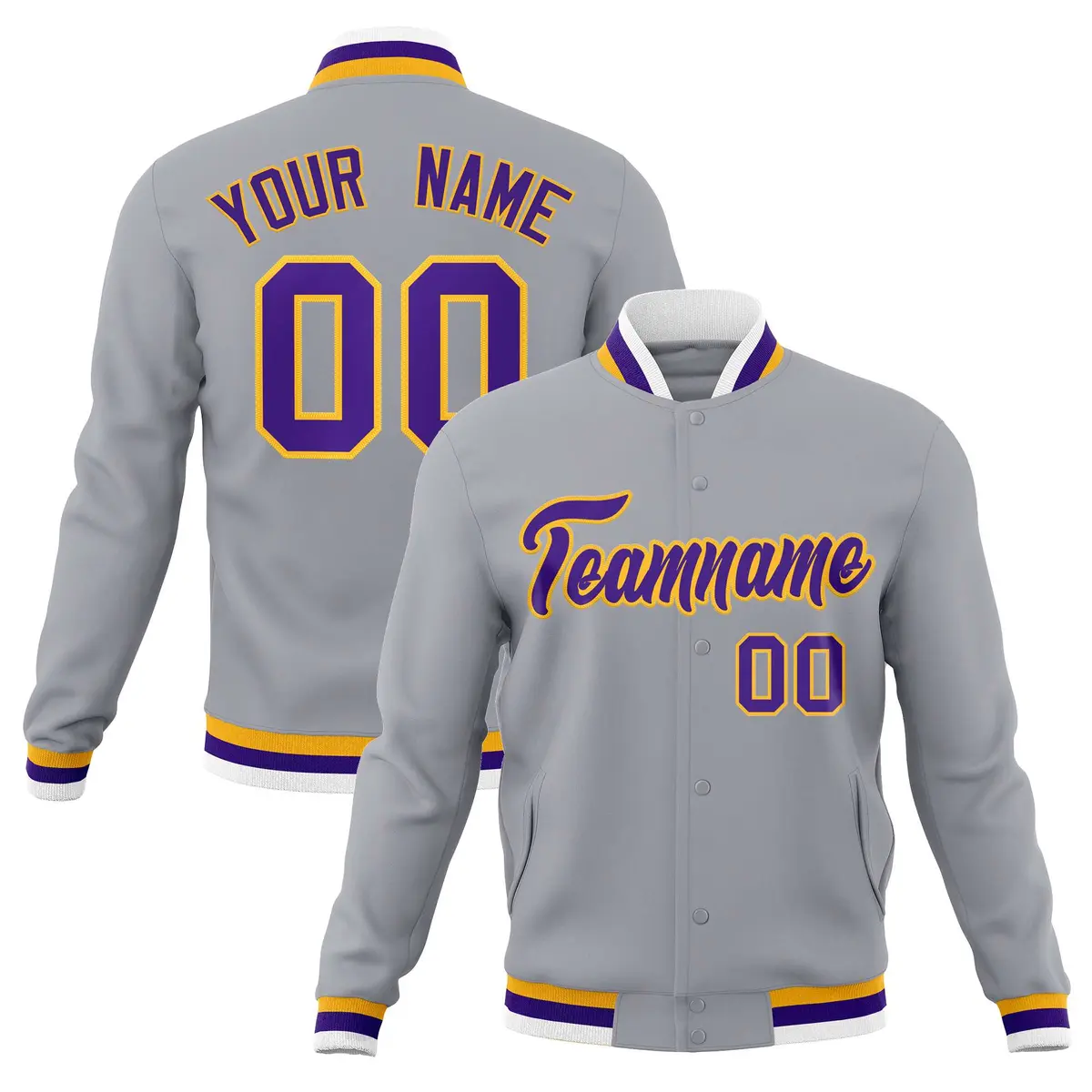 Gray Purple-Gold Classic Varsity Full-Snap Letterman Jacket