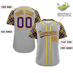 Gray Purple-Gold Raglan Sleeves Authentic Baseball Jersey 2