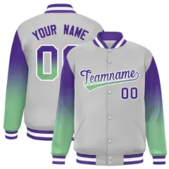 Gray Purple-Green Gradient Varsity Full-Snap Raglan Baseball Jacket