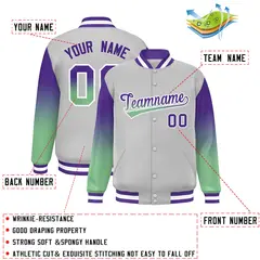 Gray Purple-Green Gradient Varsity Full-Snap Raglan Baseball Jacket 2