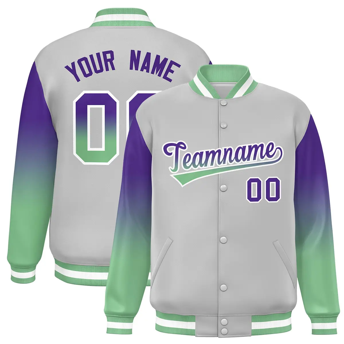 Gray Purple-Green Gradient Varsity Full-Snap Raglan Baseball Jacket