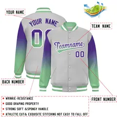 Gray Purple-Green Gradient Varsity Full-Snap Raglan Baseball Jacket 2